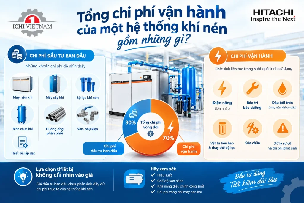 Chi phí vận hành hệ thống khí nén: Vì sao tiền điện chiếm 70%?